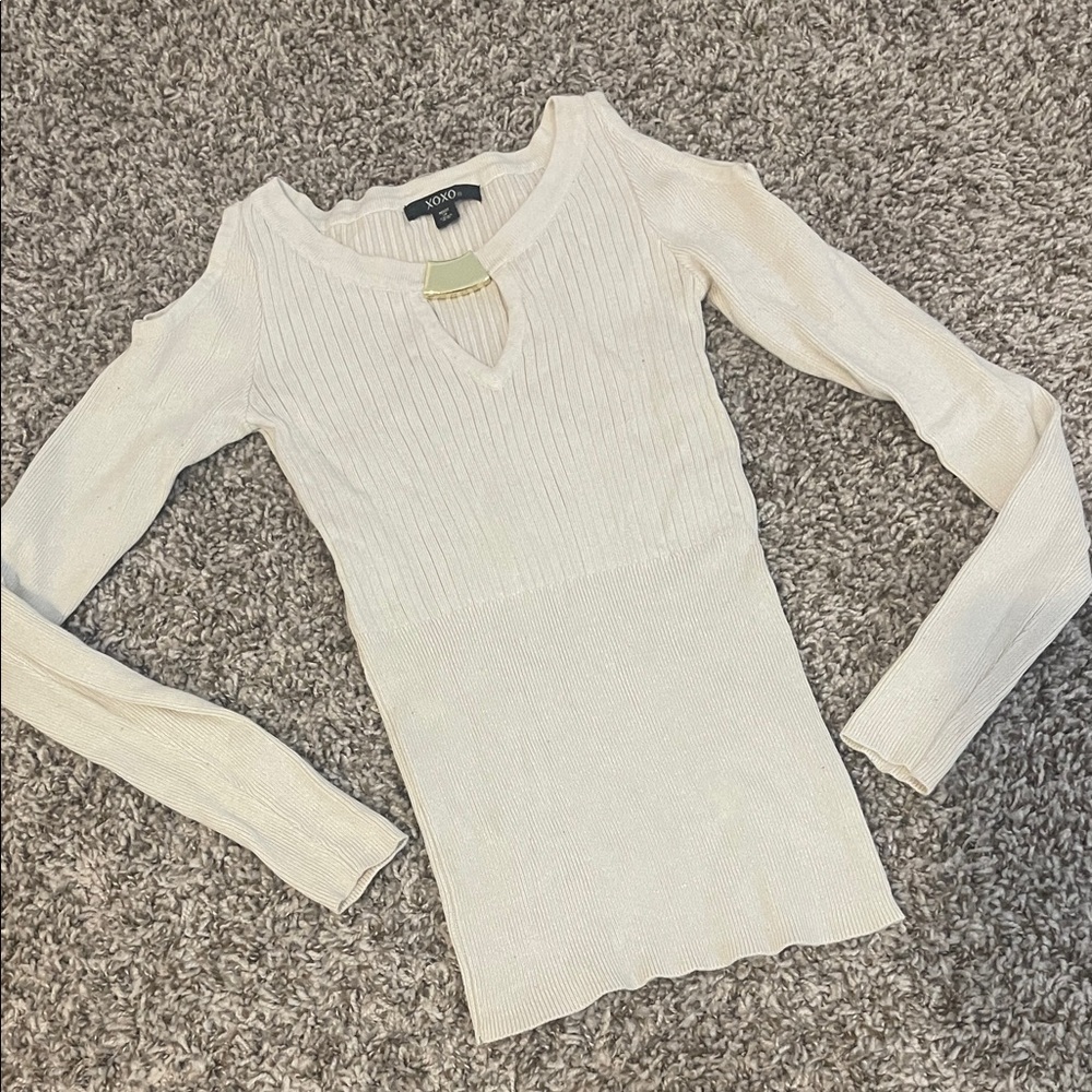 XOXO Cream Ribbed Long Sleeve Top with Keyhole open shoulder